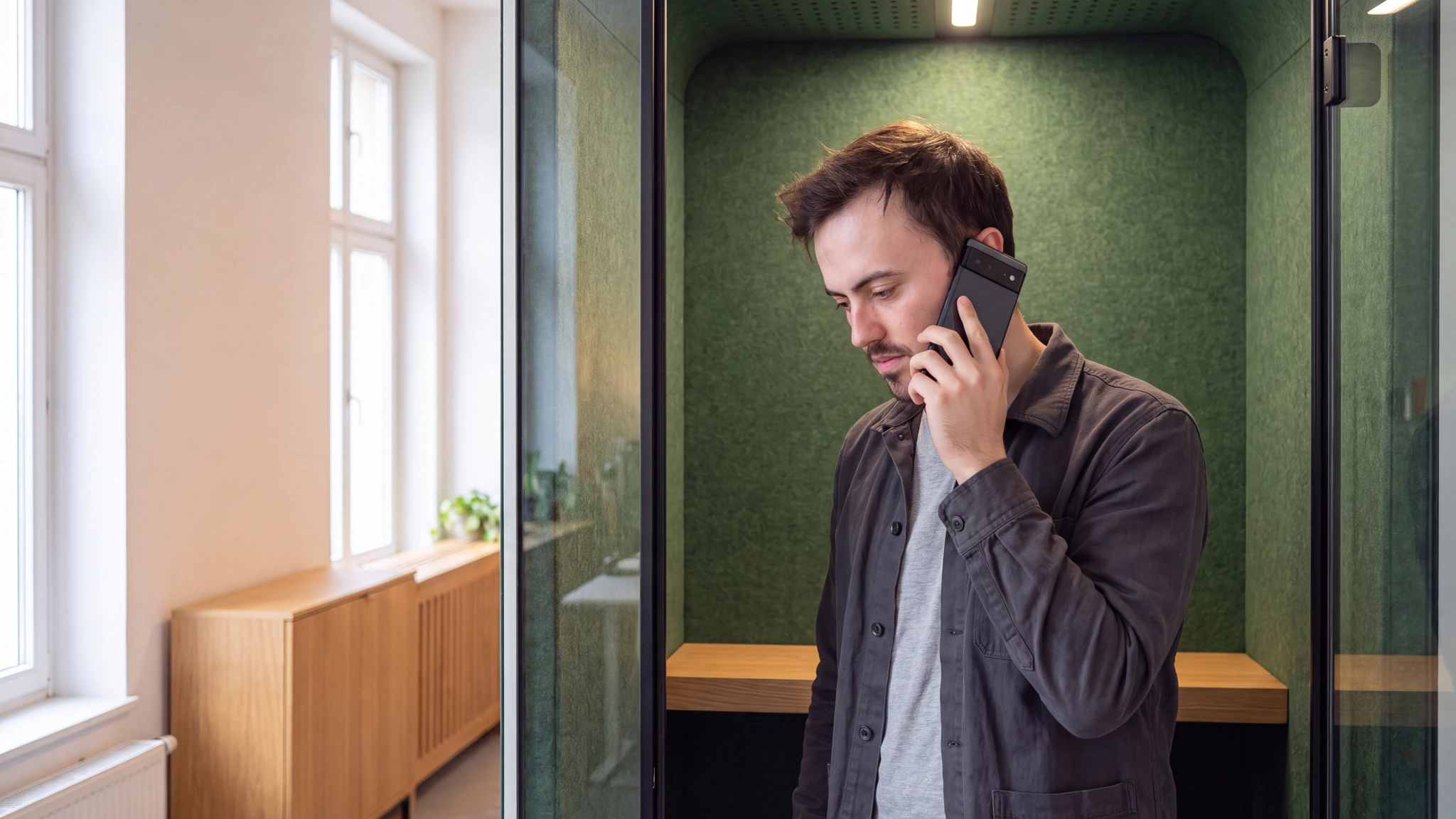 Thomas Mosmant prend un appel confidentiel sur son téléphone dans la callbox