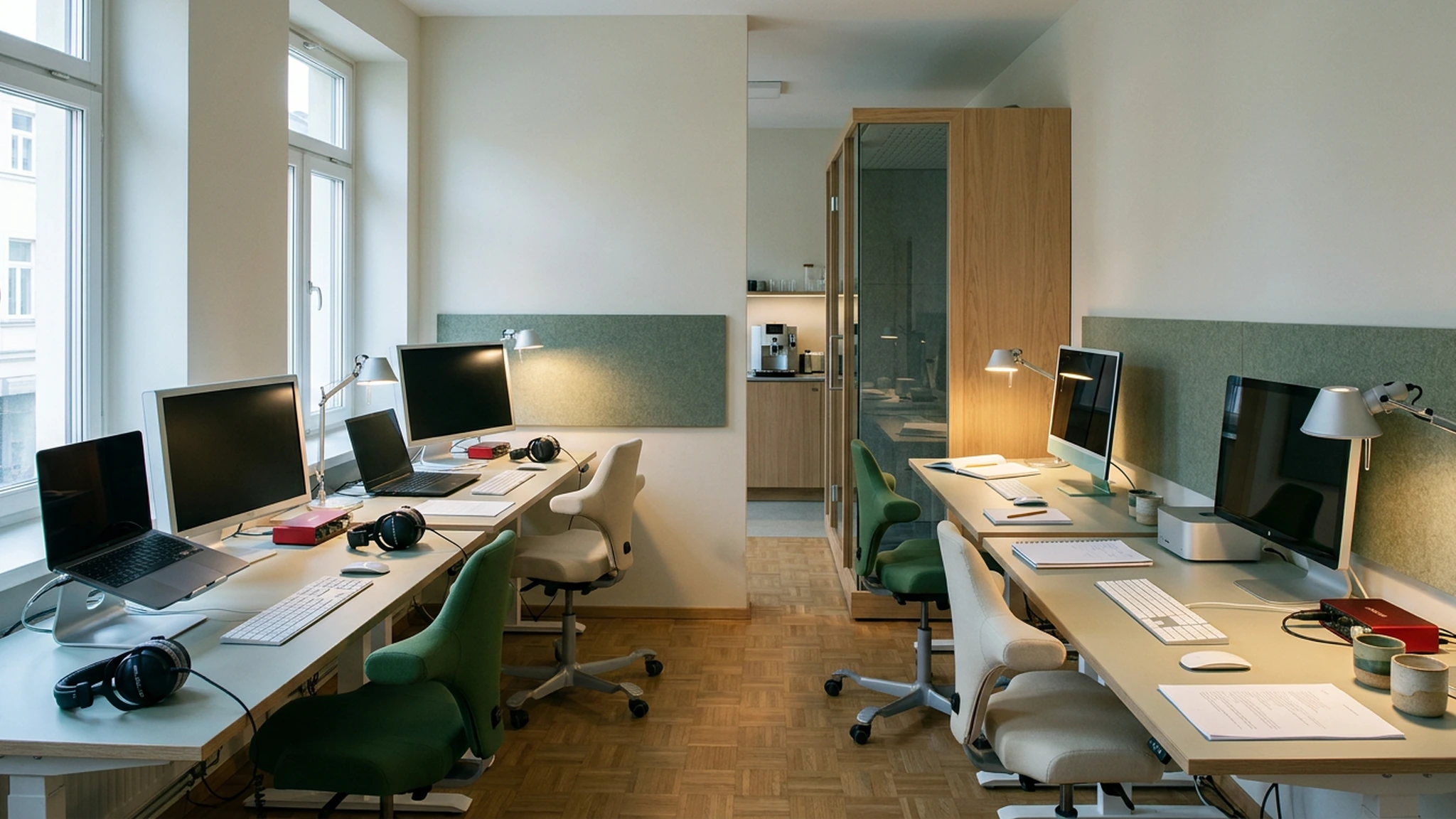Salon de travail lumineux, postes audio rangés et fauteuils verts et blancs
