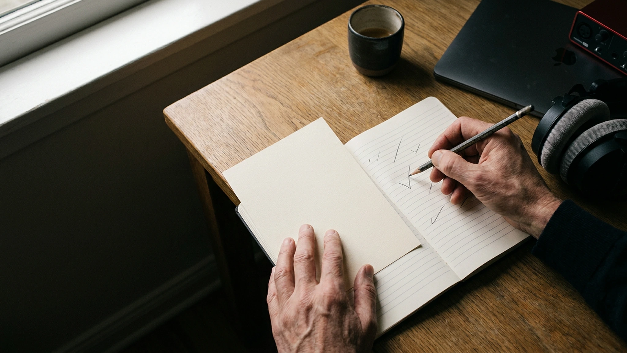 Main de rédactrice vérifiant les décisions consignées dans ses notes