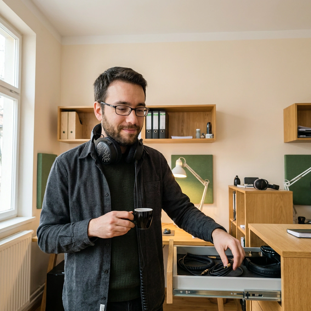 Bastien Roche tient une tasse près de son poste audio