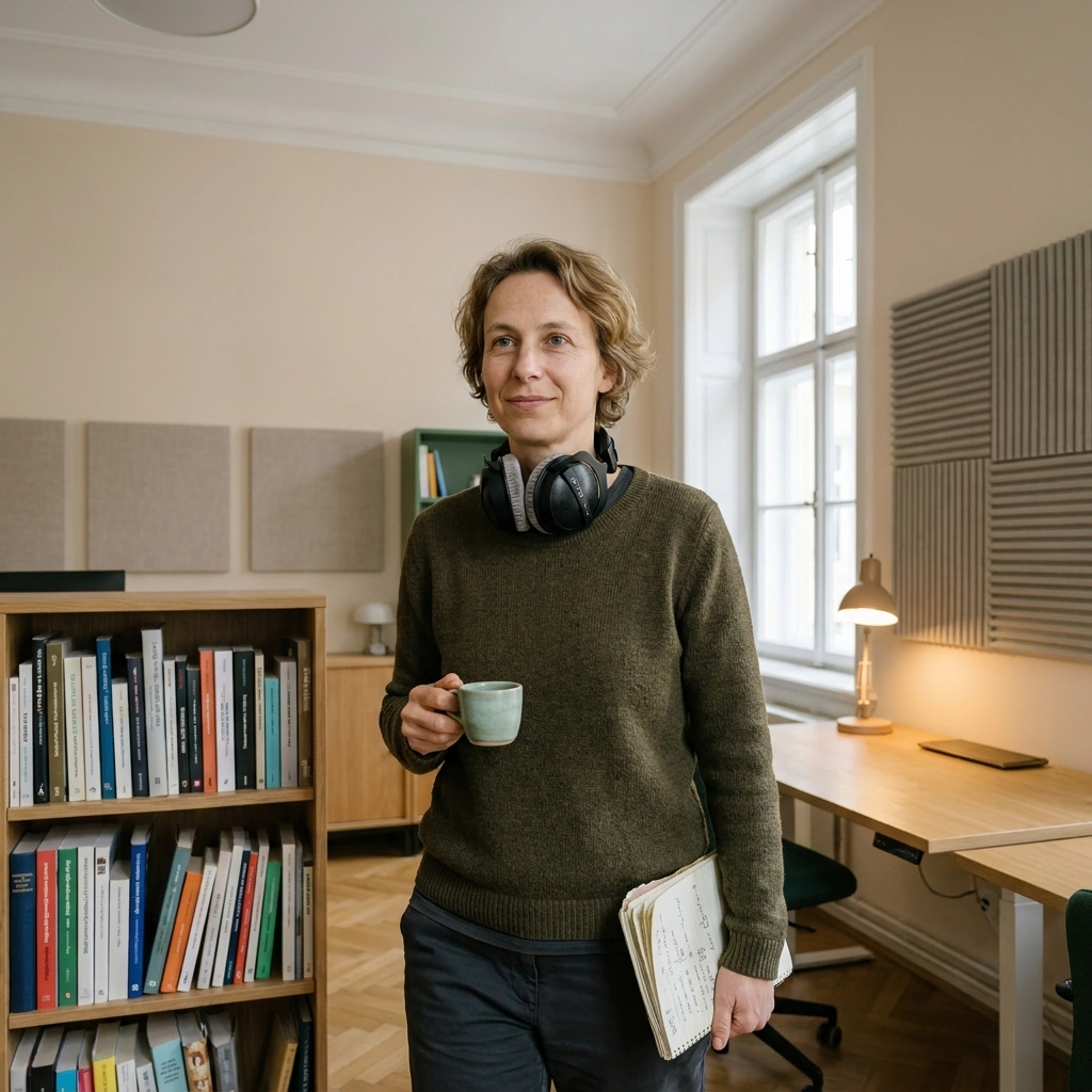 Camille Renaud traverse le studio avec son carnet et une tasse