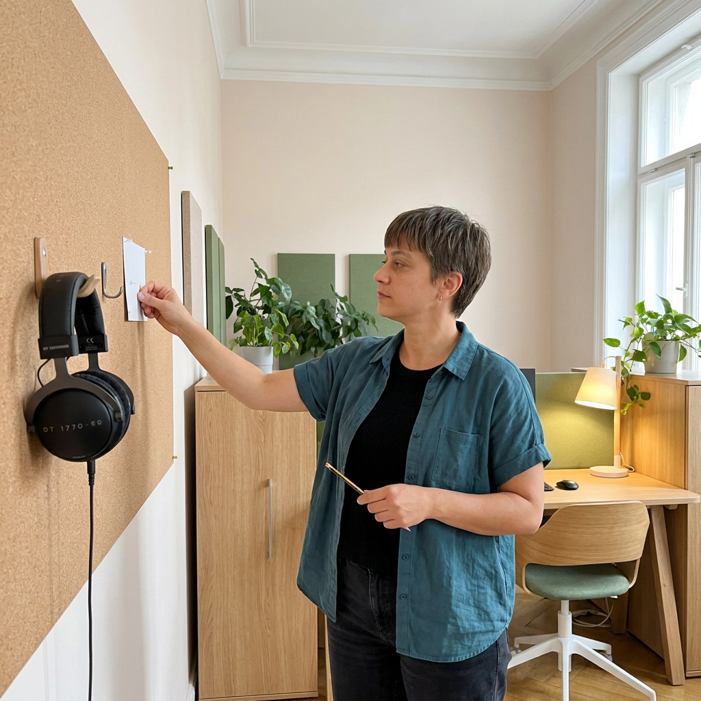 Élise Caron annote un tableau acoustique dans les bureaux