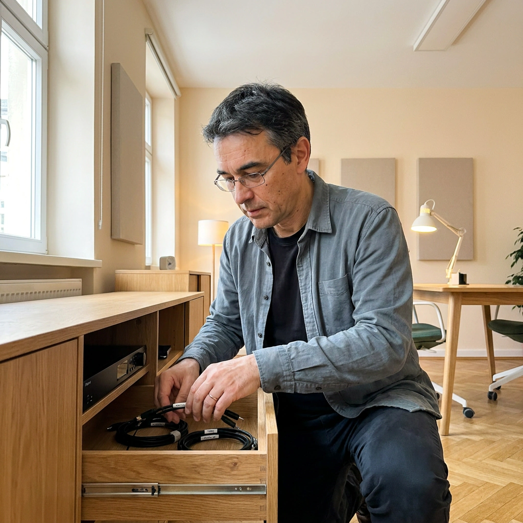 Julien Meyer range du matériel audio dans un tiroir