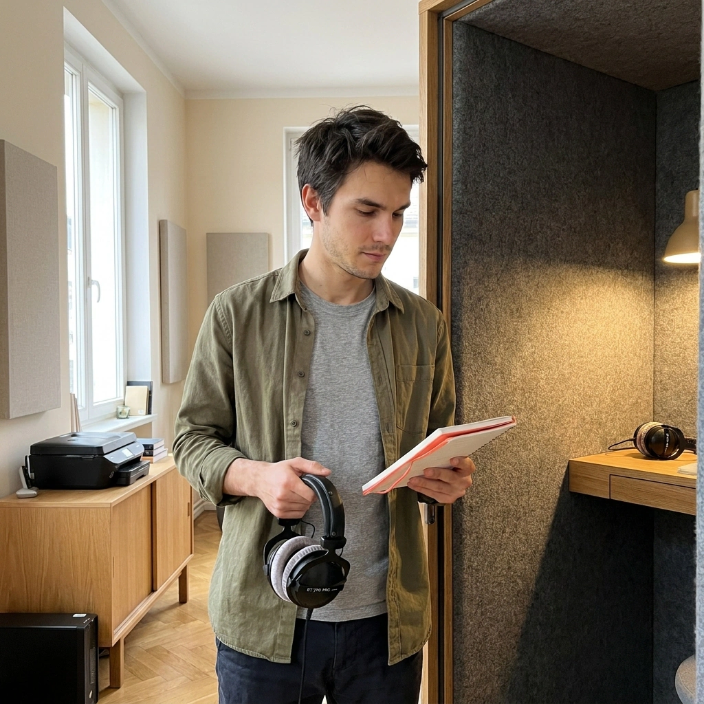 Léo Perrin prend des notes avec un casque audio à la main