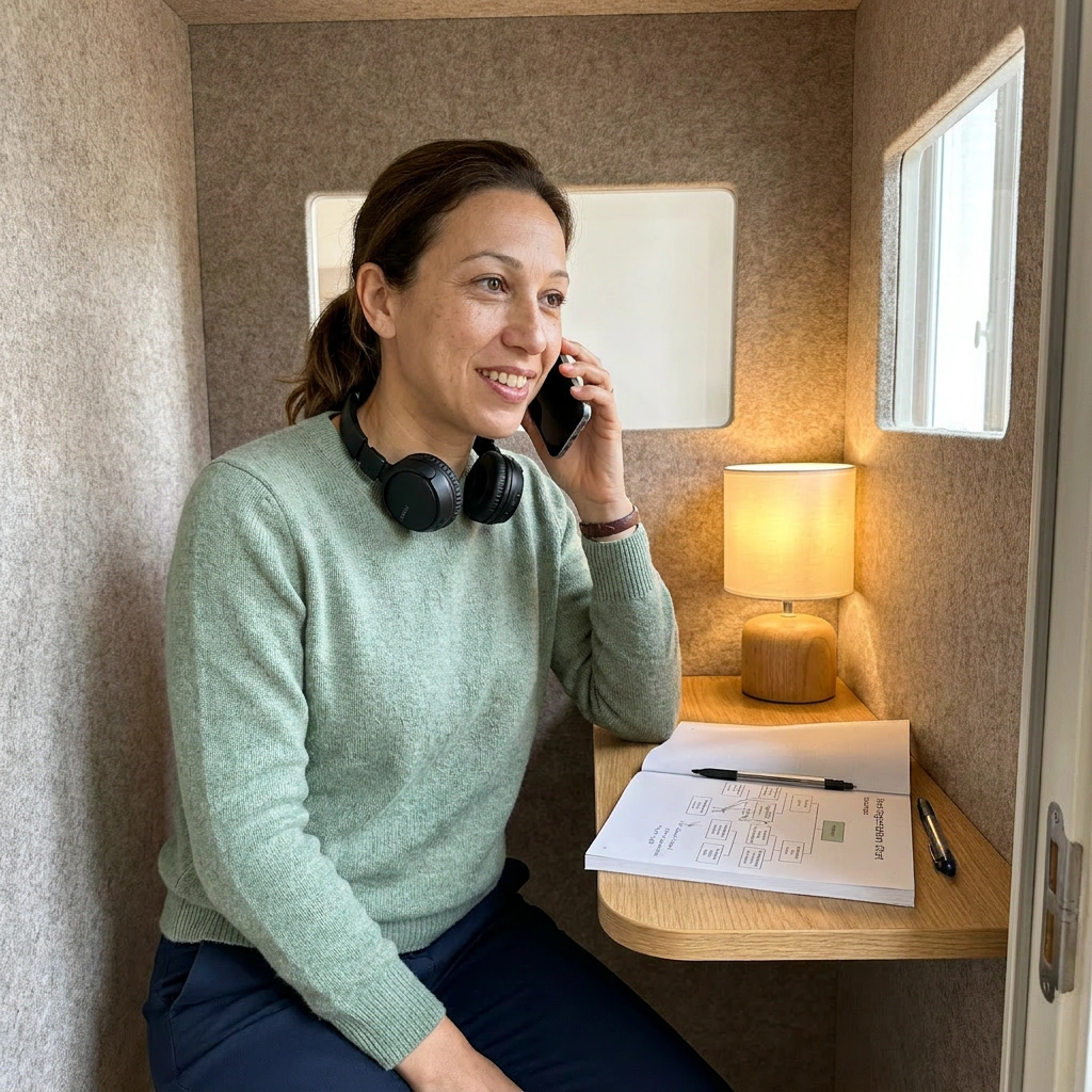 Marion Valette téléphone depuis la callbox du cabinet