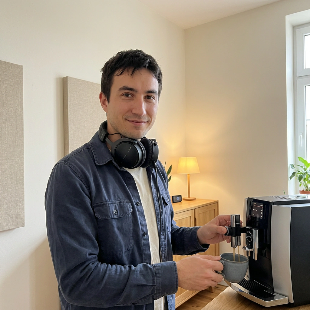Nicolas Aubry se sert un café dans la cuisine du cabinet