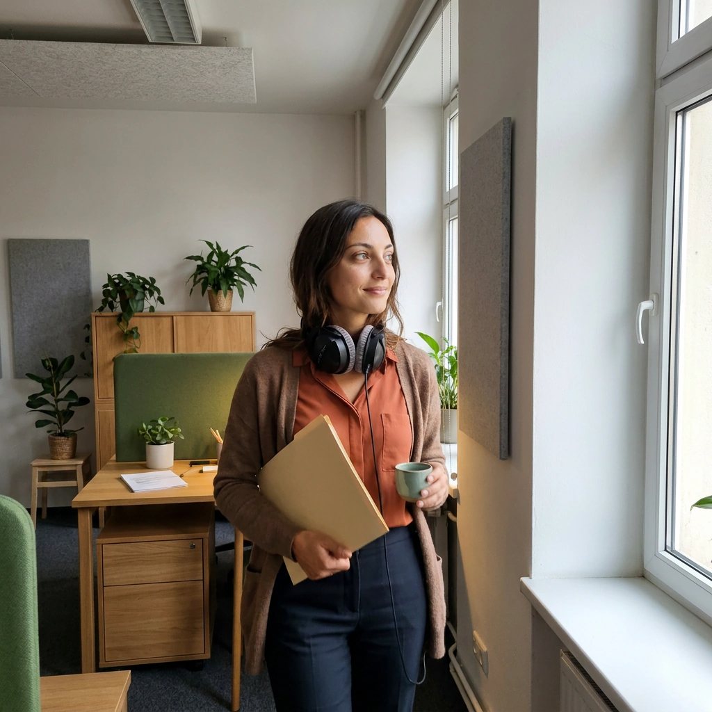 Nora Bensaïd marche dans le studio avec un carnet et une tasse