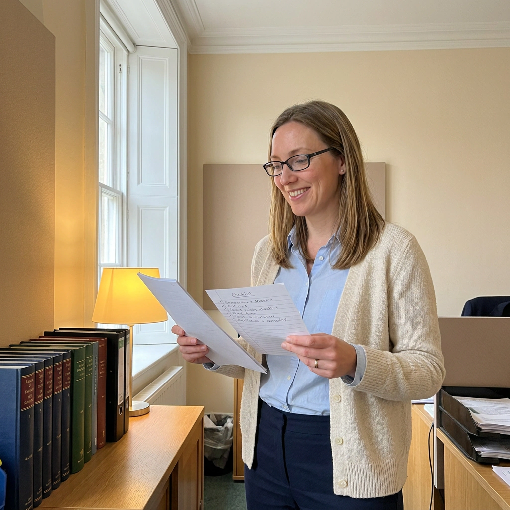 Sophie Vernet relit un document imprimé près d’une fenêtre